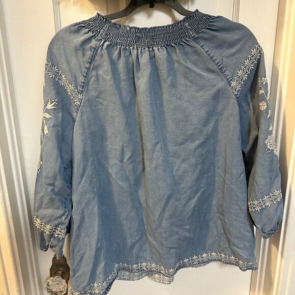 J Jill Denim-Boho Denim top with Cream Embroidery on Sleeves and waist. Cowgirl - Picture 6 of 8